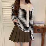 ベージュ | ワンショルダー ボーダー柄ニットトップス | Miniministore