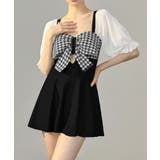 ブラック | 千鳥格子 ワンピース水着 パフスリーブ | Miniministore