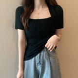 ブラック | リブサマーニット スクエアネック 韓国風 | Miniministore