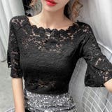 ブラック | 総レース フレアスリーブブラウス 肌見せ | ANGELCLOSET