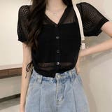 ブラック | 透かし編みニットカーディガン ショート丈 | ANGELCLOSET