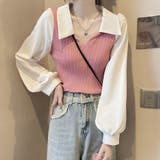 ピンク | ニットブラウス韓国ドッキングニットシャツ | Miniministore