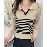 ベージュ | ポロカラーボーダーニットトップスVネック | SUNSHINE CLOSET