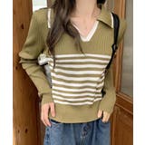 ライトオリーブ | ポロカラーボーダーニットトップスVネック | SUNSHINE CLOSET