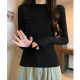 ブラック | ニットトップス 飾りボタン リブニット | Miniministore