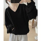 ブラック | Vネック 着やせ 長袖プルオーバー 無地 | ANGELCLOSET