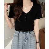ブラック | Vネックリブニットトップス 着やせ 無地 | ANGELCLOSET