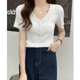 ホワイト | Vネックリブニットトップス 着やせ 無地 | ANGELCLOSET
