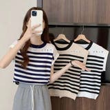 フレンチスリーブサマーニット ボーダー柄 | Miniministore | 詳細画像2 