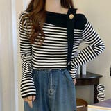 ワンショルダー ボーダー柄ニットトップス | Miniministore | 詳細画像1 
