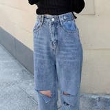 ブルー | ダメージ デニムパンツ ハイウエスト美脚 | Miniministore