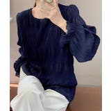 ネイビー | シャーリングブラウス 長袖トップス韓国風 | Miniministore