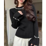 ブラック | パール付きニットトップス フレアスリーブ | Miniministore