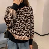 ブラック | 配色ダイス柄ニットトップスハイネック | Miniministore