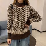 ブラウン | 配色ダイス柄ニットトップスハイネック | Miniministore