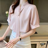 薄ピンク | ボウタイブラウス 半袖 レディース 無地 オフィスカジュアル | Miniministore