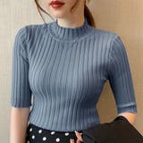 ブルーグレー | リブニットトップス レディース半袖春秋夏 | Miniministore