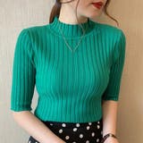 グリーン | リブニットトップス レディース半袖春秋夏 | Miniministore