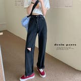 クラッシュ デニムパンツ 韓国 股上深め | Miniministore | 詳細画像1