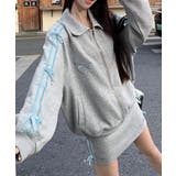 グレー*サックスブルー | リボン付きスウェットジップアップパーカー | Miniministore