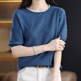 ダークブルー | パイピング サマーニット レディース半袖 | ANGELCLOSET