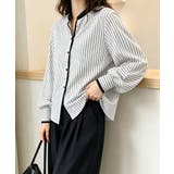 ホワイト | ストライプシャツブラウスボリューム袖春秋 | Miniministore