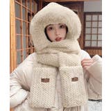 ライトベージュ | ニット帽子 マフラー手袋一体型ファー帽子 | Miniministore