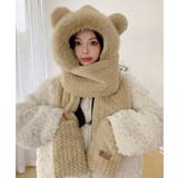ベージュ | くま耳ニット帽子 マフラー 手袋 一体型 | Miniministore