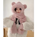 ピンク | くま耳ニット帽子 マフラー 手袋 一体型 | Miniministore