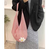 ピンク | トートバッグ花モチーフ付き編みバッグ軽量 | Miniministore