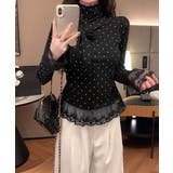 ブラック | ドット柄 レースフリルトップスハイネック | Miniministore