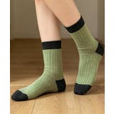 グリーン | 配色リブクルーソックスレディース靴下定番 | Miniministore