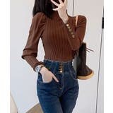 ブラウン | ボトルネックニットトップス 袖口金ボタン | Miniministore