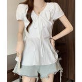 ホワイト | 襟ドロストシャツ半袖レディース Vネックパフスリーブブラウス 大人きれいめ韓国風… | SUNSHINE CLOSET