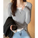 グレー | レイヤード風Tシャツ スリットネック秋服 | Miniministore