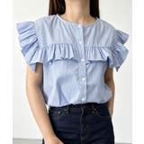 ブルー | レディースフリルブラウス 半袖シャツ夏服 | Miniministore