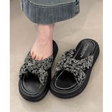 ブラック系2*花柄 | ドット柄クロスリボン厚底サンダル美脚脚長 | Miniministore