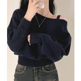 ネイビー | オフショルダーニットトップス肩見せ秋冬服 | Miniministore