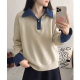ベージュ | デニム切り替え レイヤード風ニットポロ襟 | SUNSHINE CLOSET