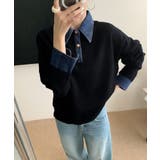 ブラック | デニム切り替え レイヤード風ニットポロ襟 | SUNSHINE CLOSET