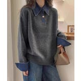 グレー | デニム切り替え レイヤード風ニットポロ襟 | SUNSHINE CLOSET