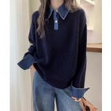 ネイビー | デニム切り替え レイヤード風ニットポロ襟 | SUNSHINE CLOSET