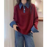 ワインレッド | デニム切り替え レイヤード風ニットポロ襟 | SUNSHINE CLOSET