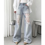 サックスブルー | レースダメージデニムパンツ ワイドパンツ | Miniministore