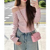 ピンク | ドット柄ワンショル長袖ニットカーディガン | Miniministore