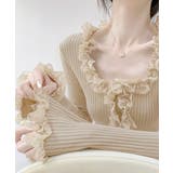 ベージュ | レディース華やかラッフル前開きニットトップスコンパクト丈 大人可愛いセーターショ… | SUNSHINE CLOSET