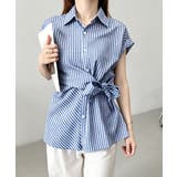 ブルー | ウエストリボンチェックシャツ半袖ブラウス | Miniministore