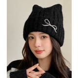 ブラック | ネコ耳リブニット帽リボン付きビーニー秋冬 | Miniministore