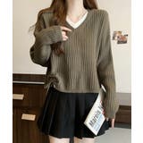 カーキブラウン | Vネックリブニットトップス 暖かいニット | Miniministore