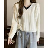 アイボリー | Vネックリブニットトップス 暖かいニット | Miniministore